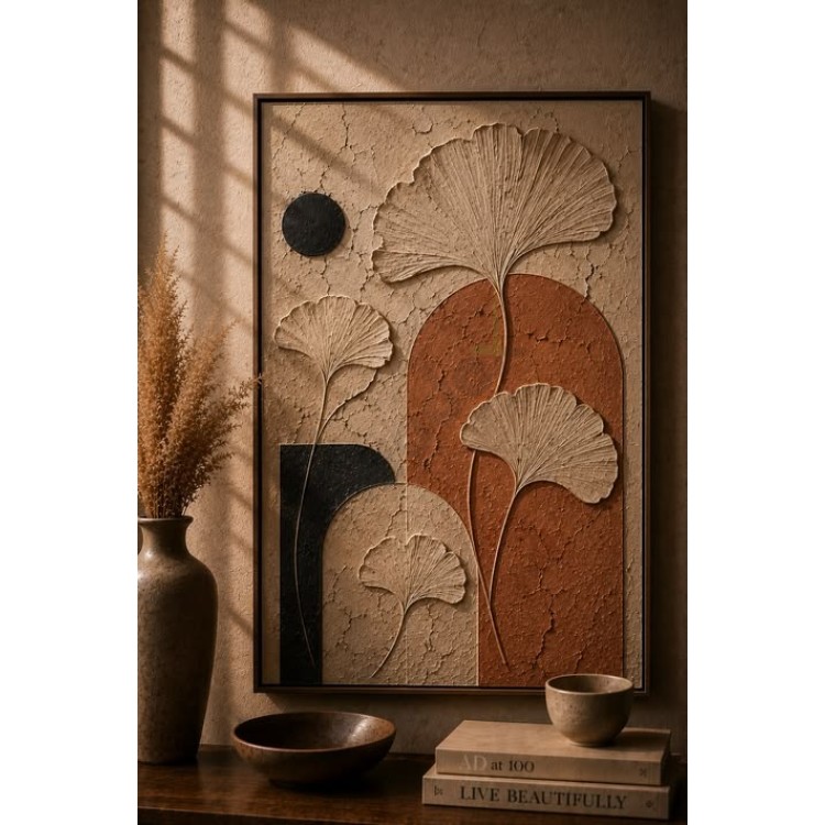 Dekorras DKR-166 Ginkgo Yapraklı Kemer Desenli Kabartmalı 3D Tablo